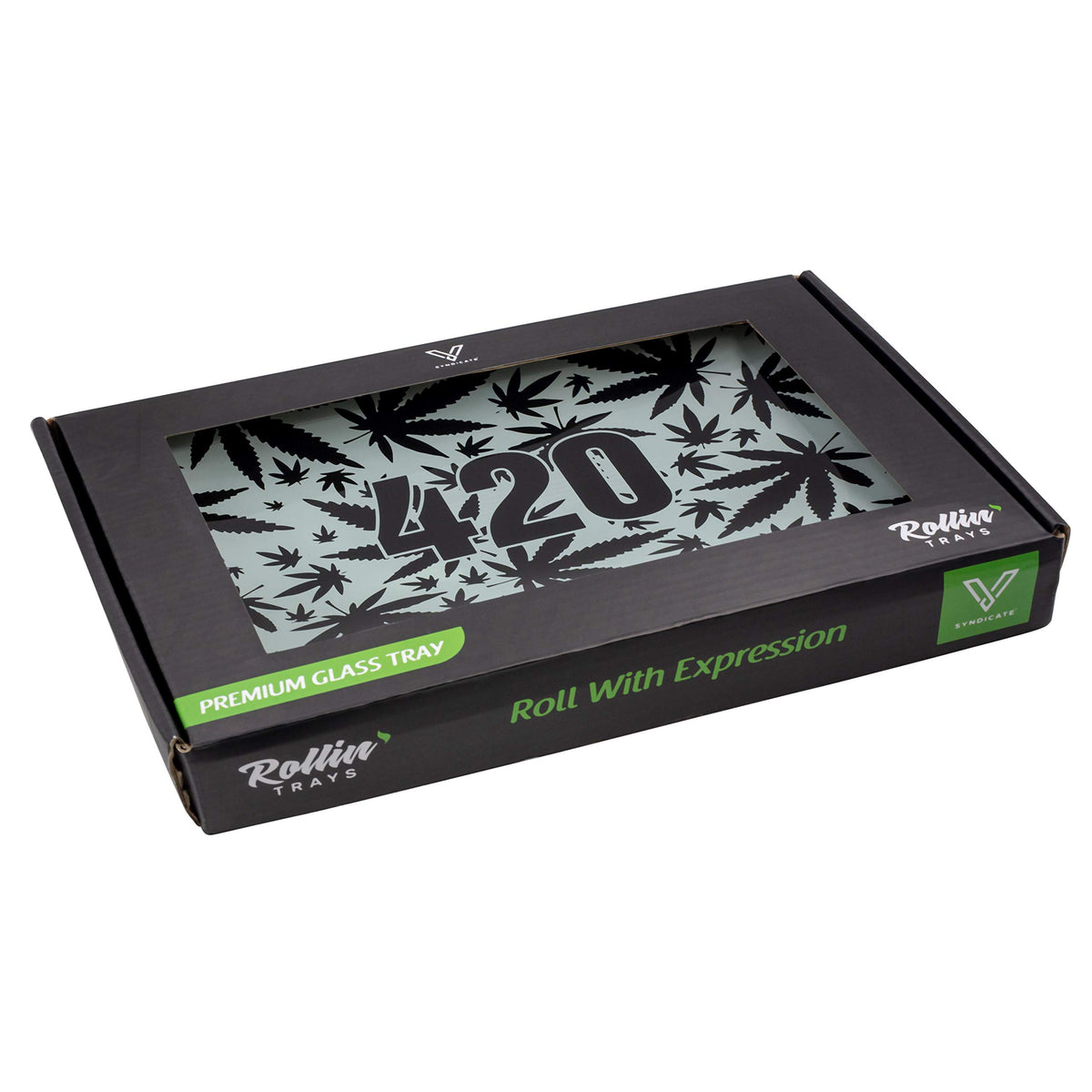 Syndicate Premium Glass Rolling Tray small, angled view showing the printed design