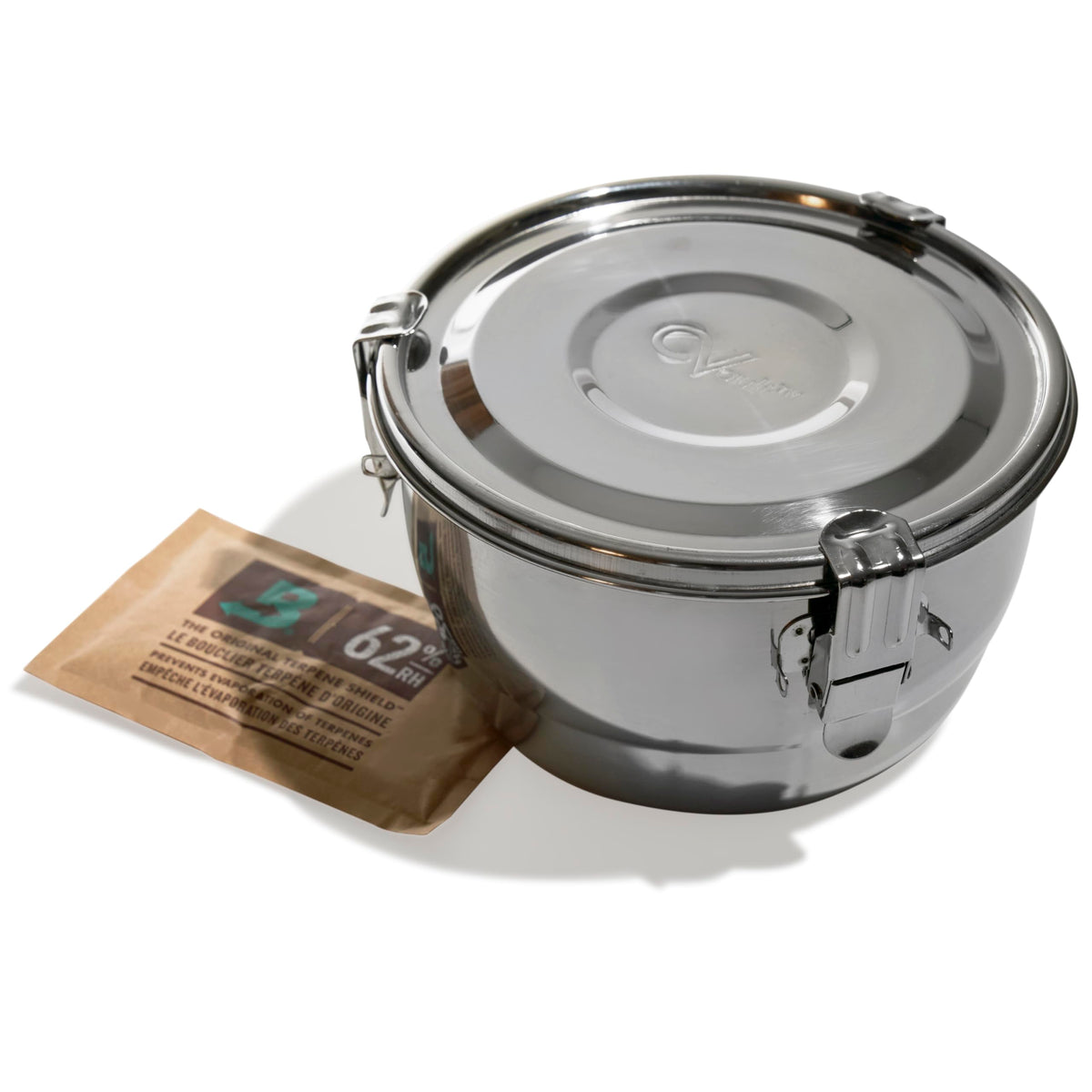 CVault airtight stainless steel storage container with lid closed