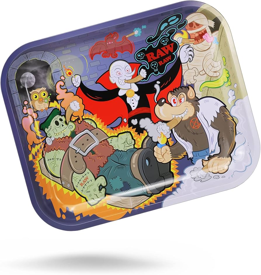 RAW Monster Sesh large metal rolling tray with monster artwork