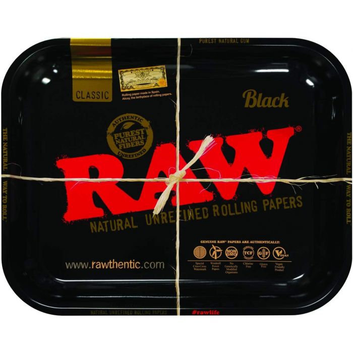 RAW Black Rolling Tray with polished gold-tone metal base and black-clear finish