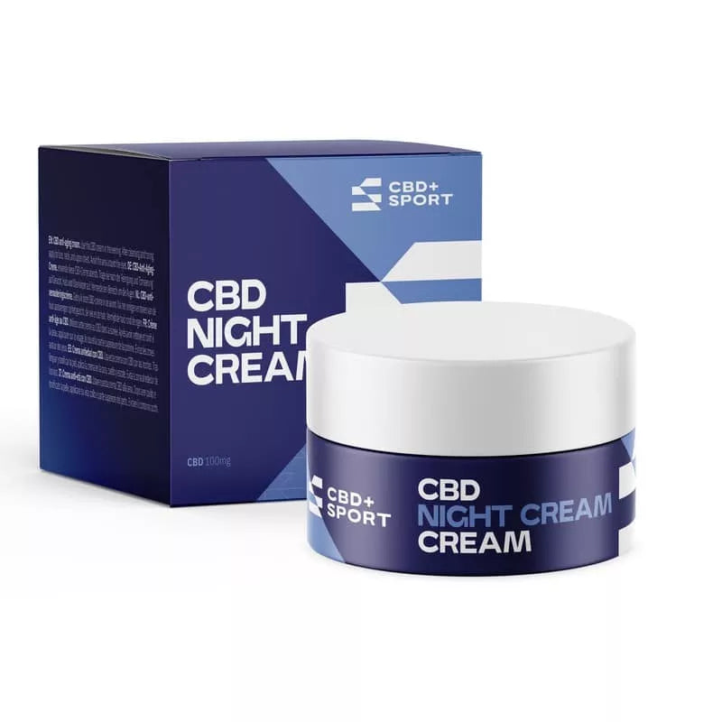 CBD + Sport Night Cream jar with packaging, front view