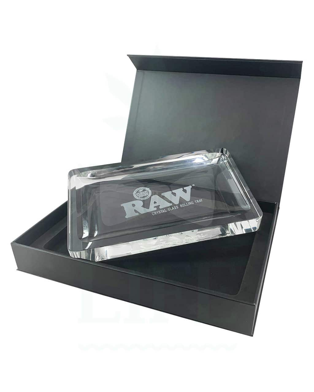 RAW Crystal Glass Rolling Tray showing engraved RAW logo and polished edge