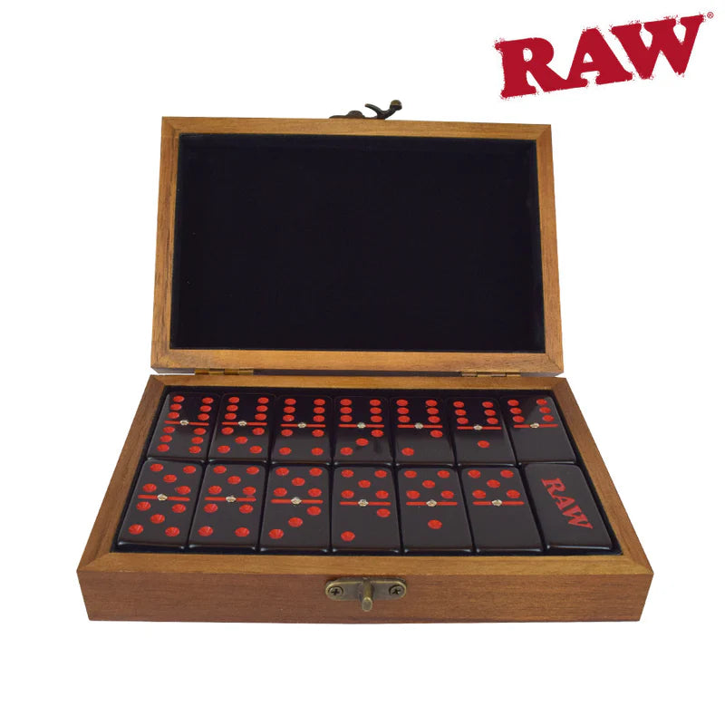 RAW Dominoes set in RAW-branded storage box, natural wood tiles