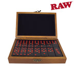 RAW Dominoes set in RAW-branded storage box, natural wood tiles
