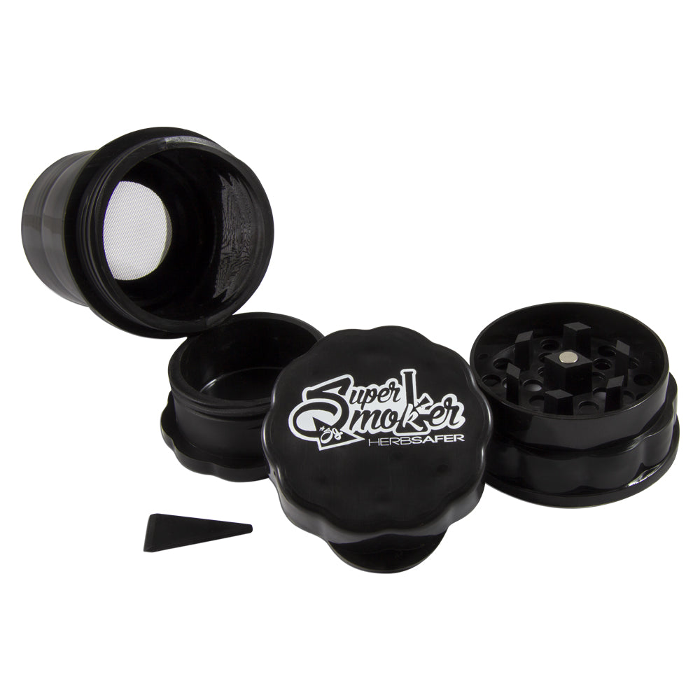 Superherb Safer grinder by Super Smoker, aluminum herb grinder front view