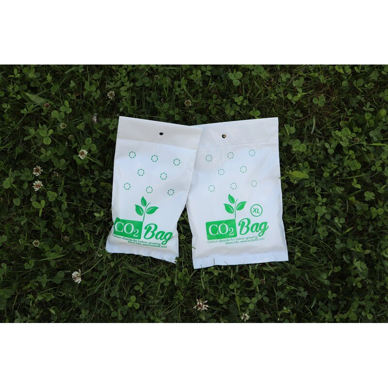 CO2 Bag XL hanging above plants in a grow tent