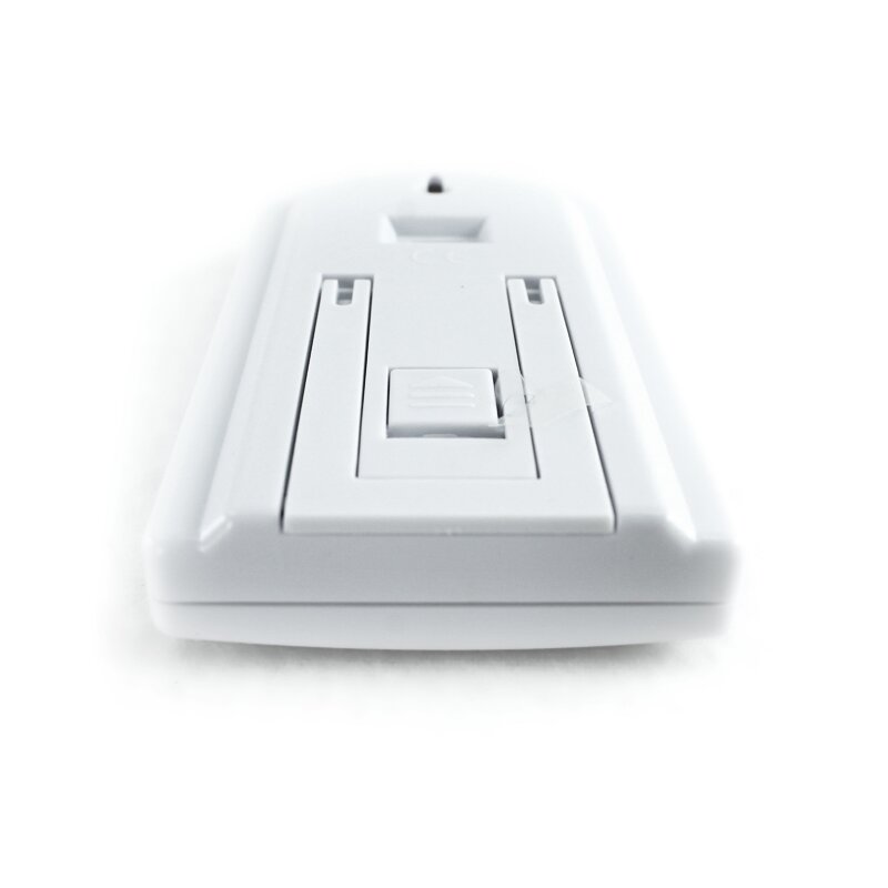 Digital Hygro-Thermometer rear view with stand and AA battery compartment
