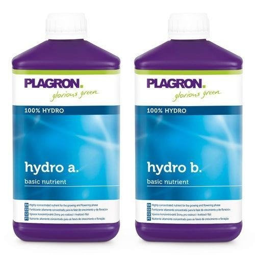 Plagron Hydro A and B two-part hydroponic fertilizer bottles, front view