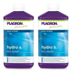 Plagron Hydro A and B two-part hydroponic fertilizer bottles, front view