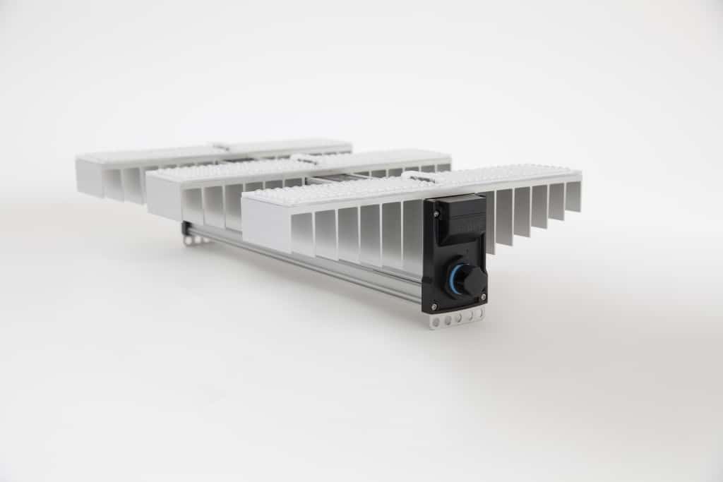Sanlight EVO 3-80 1.5 200W luminaire shown at an angle with its tiltable mounting