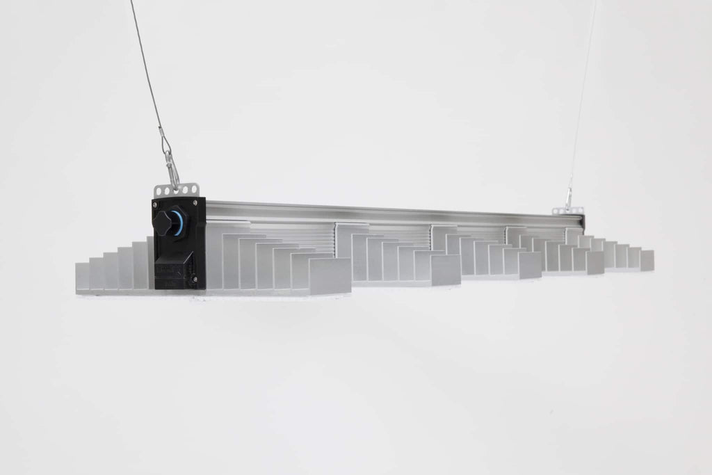 Sanlight EVO 5-100 1.5 LED grow light shown at an angle from below