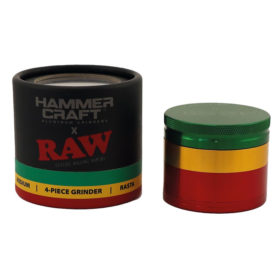 RAW x Hammercraft large Rasta grinder closed, green yellow and red aluminum
