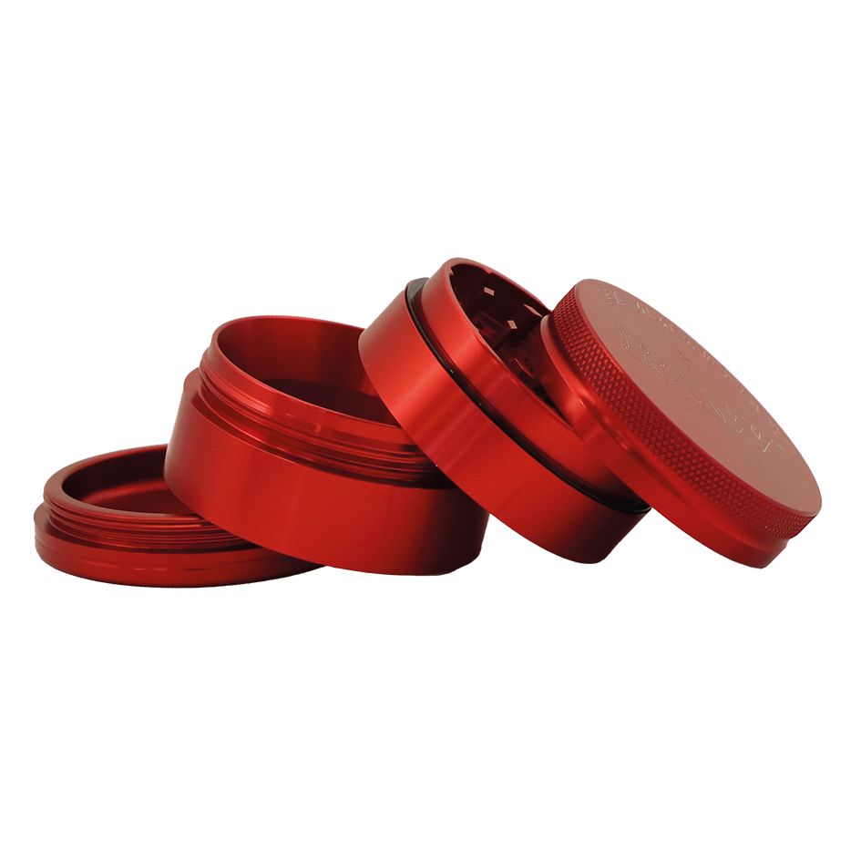 RAW x Hammercraft 4-piece medium Red grinder open with kief screen