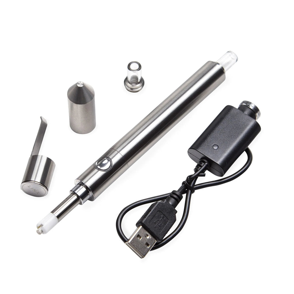 Linx Ares honey straw wax vaporizer pen in stainless steel, front view
