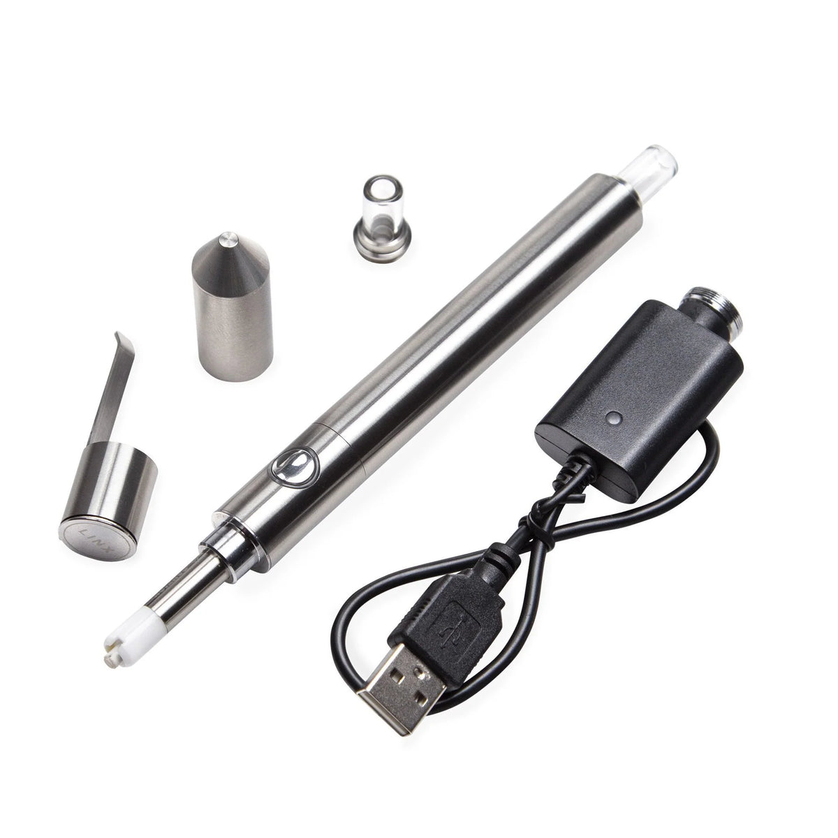 Linx Ares honey straw wax vaporizer pen in stainless steel, front view
