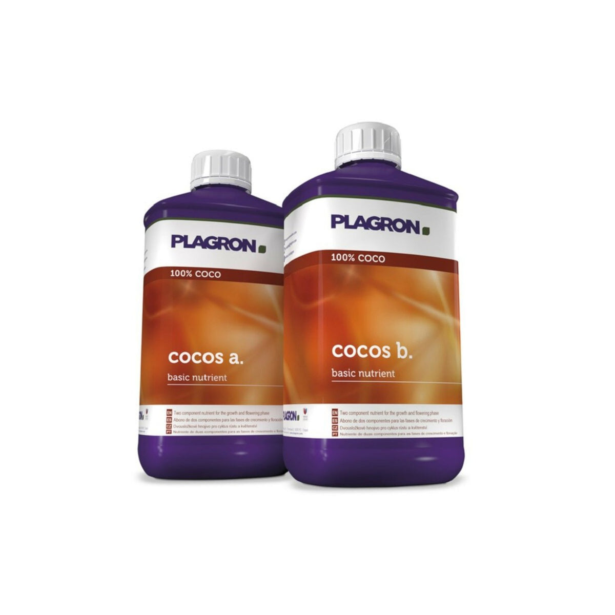 Plagron Cocos A and B two-part coco base nutrient bottles, front view