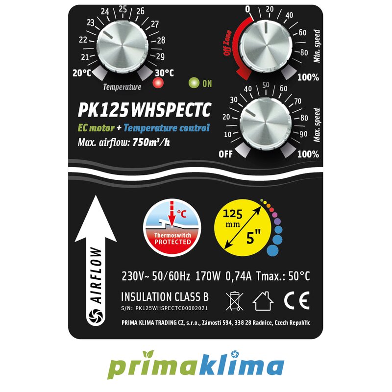 Prima Klima EC Whisperblower Temp. Controlled fan housing detail with temperature control unit