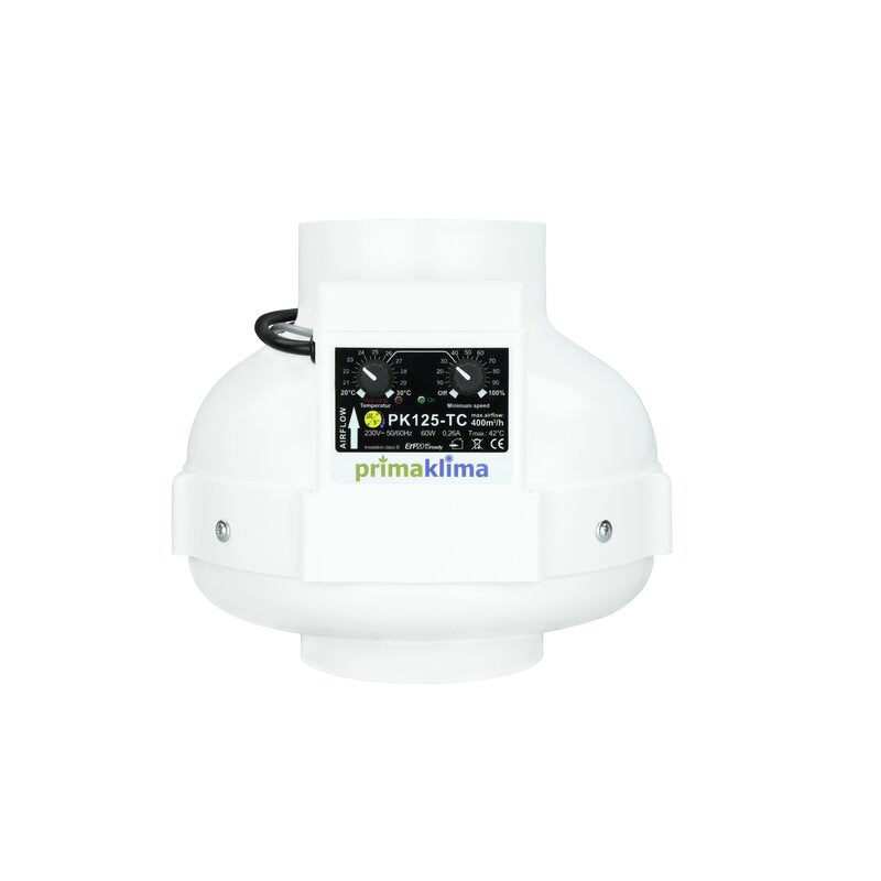 Prima Klima PK125-TC temperature-controlled inline fan with 125mm flange and bracket