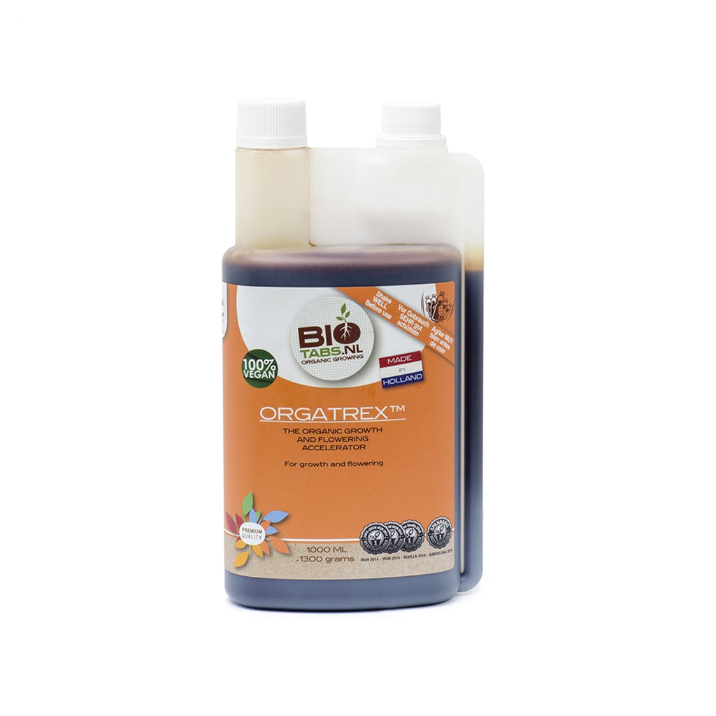 BioTabs Orgatrex bottle label detail showing the NPK 5-1-5 vegan formula