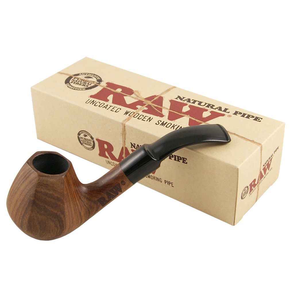 RAW Natural Wooden Pipe handcarved with RAW logo engraving and canvas pouch