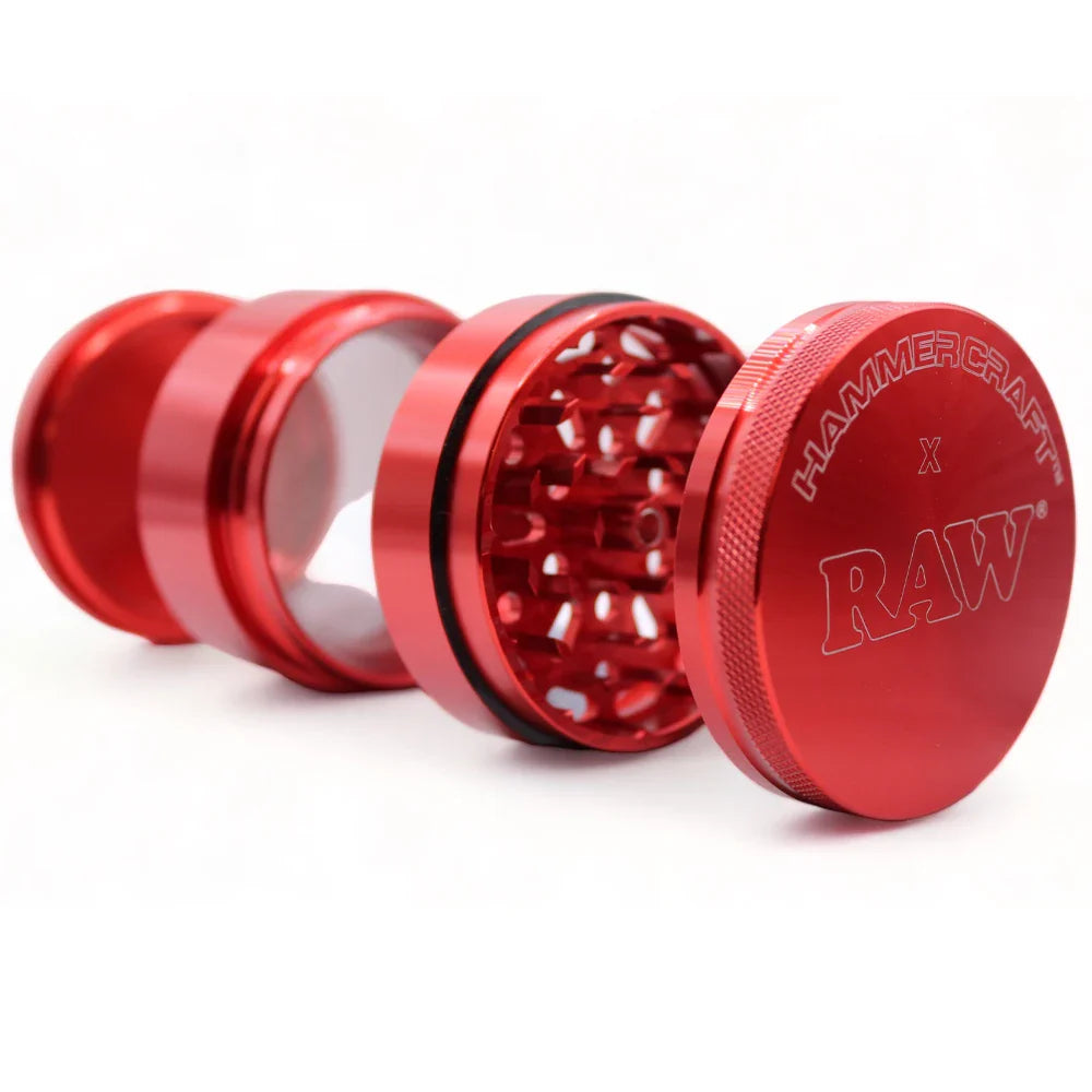 RAW x Hammercraft 4-piece Red Edition grinder kief screen and pollen chamber