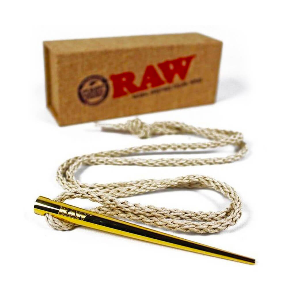 RAW Gold Poker Necklace with braided hemp cord and embossed RAW logo