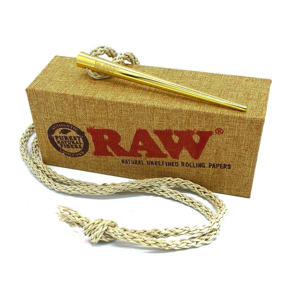 RAW Gold Poker Necklace worn on its hemp cord, gold-finish metal poker