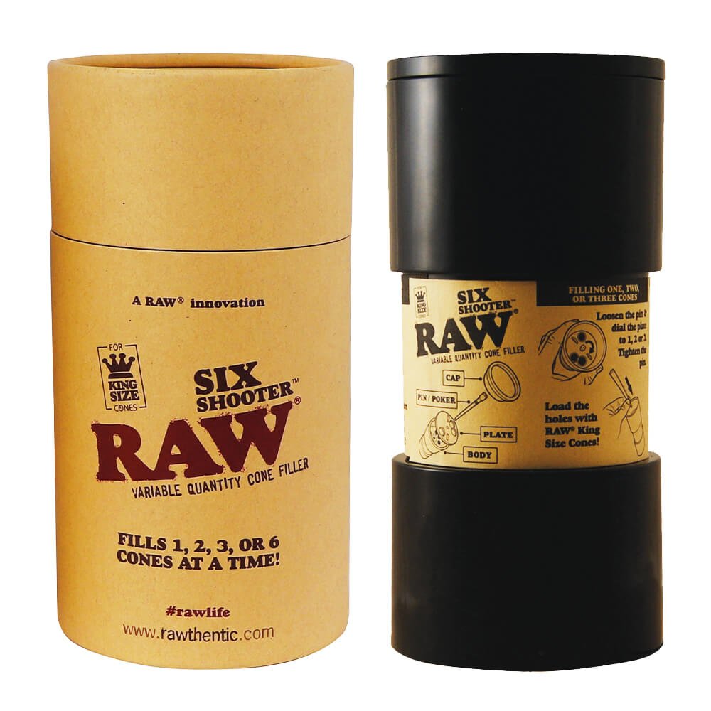 RAW Six Shooter variable cone filler with printed step-by-step instructions